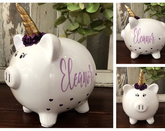 Large personalized Unicorn Piggy Bank,Purple Hearts piggy bank,Banks for girls,birthday gift,piggy banks, baby's first piggy bank