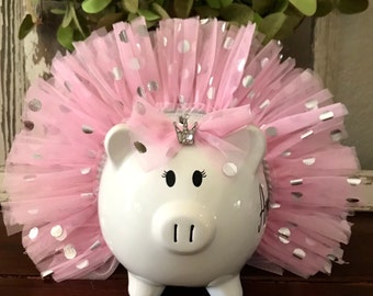 Large Personalized piggy bank, Light Pink dot tulle tutu piggy bank, banks for Girls piggy bank, ballerina dancer bank, polka dot bank