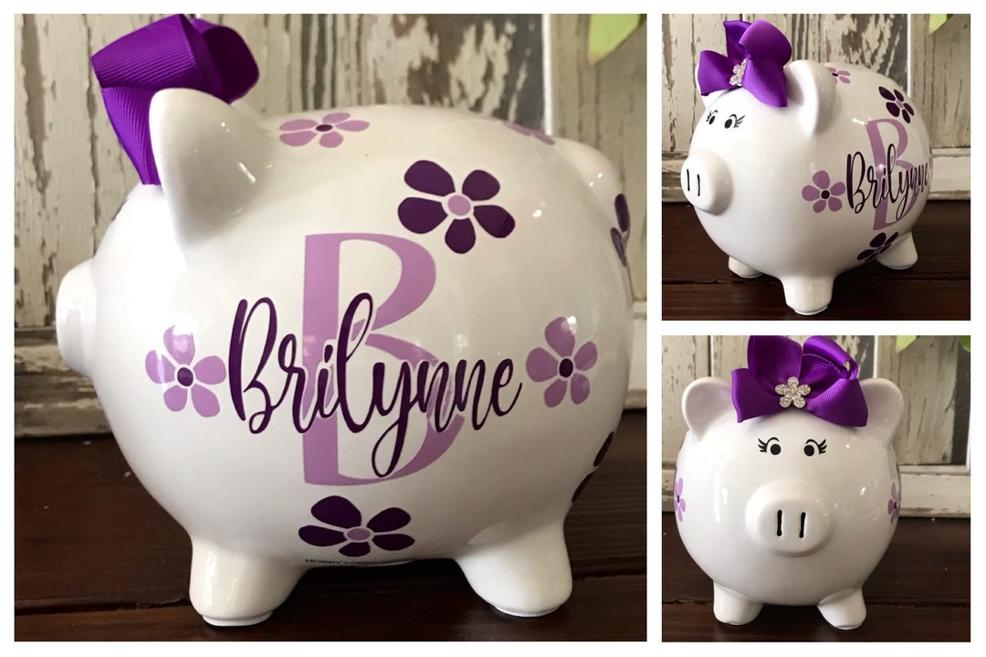 Personalized Piggy Bank Spring Flowers Handpainted Pastels