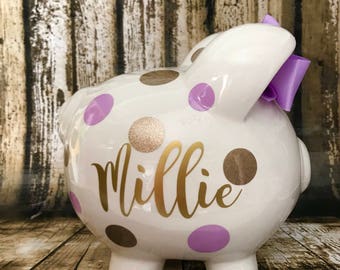Large personalized piggy, Lavender and Gold glitter piggy bank, piggy bank for girls,birthday banks, baby's first piggy bank