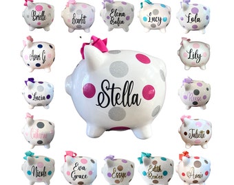 Personalized Large Piggy Banks for girls, Light Pink and Gold polka dots, Baby's first birthday, Baby shower gift, piggy bank