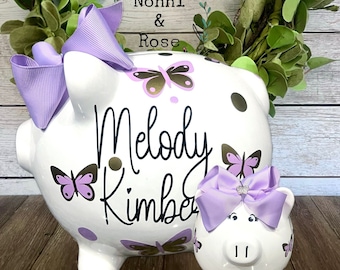 Large personalized Butterfly piggy bank, piggy banks for girls, piggy bank, butterfly themed nursery, pink butterflies,baby shower