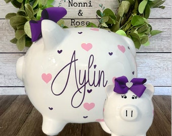 Personalized Heart Piggy Bank, Purple Heart, banks for girls, girl bank, piggy bank, Valentines bank, shower bank, baby's first piggy bank