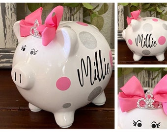 Personalized Large Pink and Glitter Silver piggy bank, piggy banks for girls, polka dot bank, 1st bank,girls bank,baby shower,piggy bank