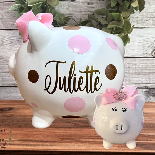 Personalized Large Piggy Banks for girls, Light Pink and Gold polka dots, Baby's first birthday, Baby shower gift, piggy bank