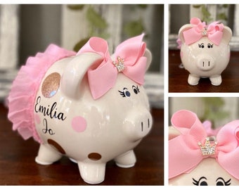 Personalized Light Pink Piggy bank,polka dot piggy bank, banks for girls, banks for boys, glitter piggy banks, piggy bank, tutu piggy bank