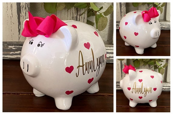 Baby Girl Pink Heart Personalized Piggy Bank