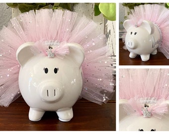 Personalized Light Pink Piggy Bank, Pink tutu, piggy banks for girls, Piggy bank, custom banks, baby's first piggy bank