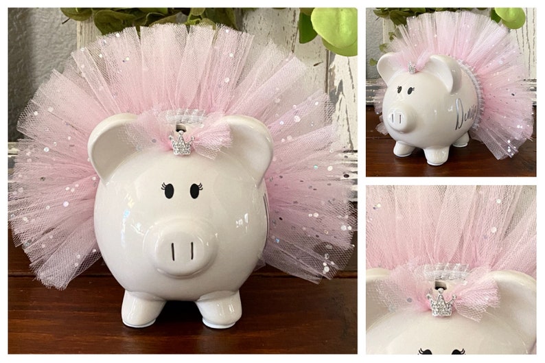 Personalized Light Pink Piggy Bank, Pink tutu, piggy banks for girls, Piggy bank, custom banks, baby's first piggy bank image 1