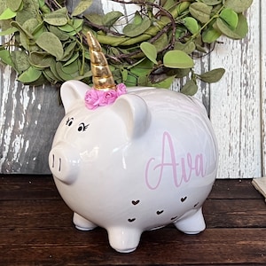 Large personalized Unicorn Piggy Bank ,Gold Glitter Hearts piggy bank for girls,birthday gift,piggy banks, baby&#39;s first piggy bank