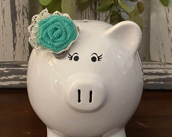 Large Personalized Burlap Rose Piggy bank, Banks for girls, piggy bank, polka dot bank, birthday , custom piggy banks, baby's first bank,