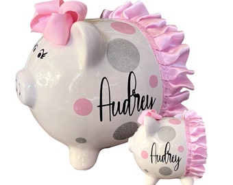 Personalized Large Piggy Bank, Light Pink silver Polka dot bank, piggy banks for girls, polka dot, bank, girls bank,baby shower,piggy bank