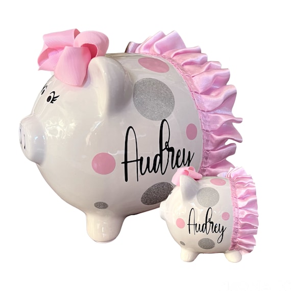 Hucha grande personalizada, banco de lunares de plata rosa claro, huchas  para niñas, lunares, banco, banco de niñas, baby shower, hucha -  España