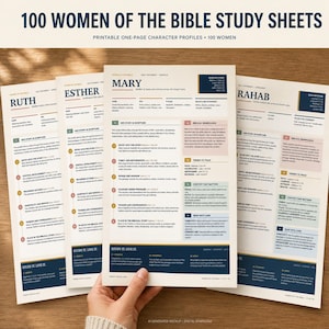 Könnte beinhalten: Ein Set aus druckbaren Studienblättern mit dem Titel 100 Women of the Bible Study Sheets, die Charakterprofile für Ruth, Esther, Mary und Rahab enthalten. Jede Seite umfasst Abschnitte für Schriftstellen, biblische Bedeutung und Themen.