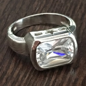 Big & Bold Faceted Emerald Cut Clear CZ Stone Cocktail Ring - Sterling Silver .925 - Star Detail on Setting - Stackable Ring