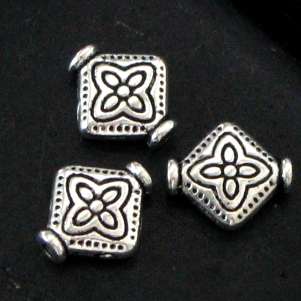 Stamped Diamond Shaped Pewter Spacer Beads - Looks Like Sterling - Jewelry Making Supplies - Nice Size & Stamping Design - Set of 26