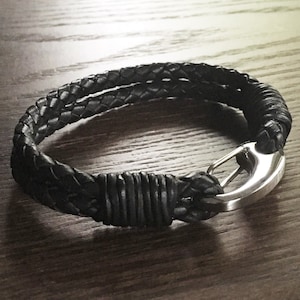 Black Braided Leather Bracelet With Carabiner Style Clip in - Etsy