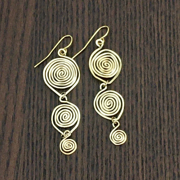 Gold Tone Wire Spiral Drop Earrings - Boho Styling - Hammered for a Shimmery Finish - Surgical Steel Ear Wires