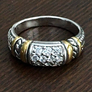 Silver and Gold Vermeil Finish Cocktail Ring with Crystals - Band - Nice Stackable Ring - Sz 8