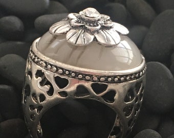 Large High Profile Cocktail Ring with Resin Cabochon & Center Crystal Flower Detail - Silver Tone Metal Ring Shank