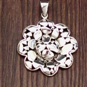 Curved and Dimensional Abstract Flower Pendant in Sterling Silver .925 - Carved Through Design - High Shimmery Finish - Large Bail