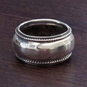 Hammered Rustic Wide Domed Side Sterling Silver .925 Band - Braided Trim - Great for a Thumb Ring - Thick Band Ring