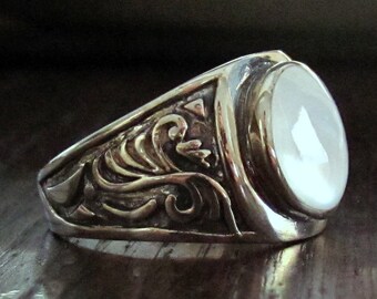 Round Mother of Pearl Cabochon in Sterling Silver .925 Setting with Carved Side Details - Tapered Ring Shank for Comfy Fit - Multiple Sizes