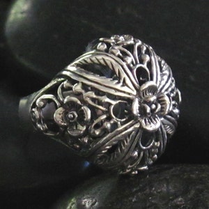 Big Bold Ornate High Dome Cocktail Style Ring in Sterling SIlver .925 - A Real Statement Ring - Floral & Carved Detail - Open Cage Design