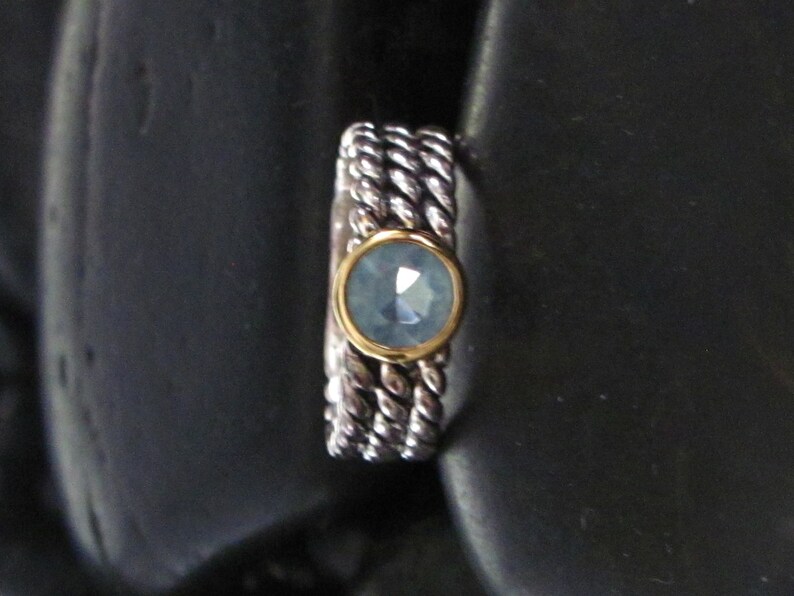 Only One Size Left Center Blue CZ Faceted Round Stone and Gold Vermeil Setting Sterling Silver 925 Stackable Ring Twisted Wire Band