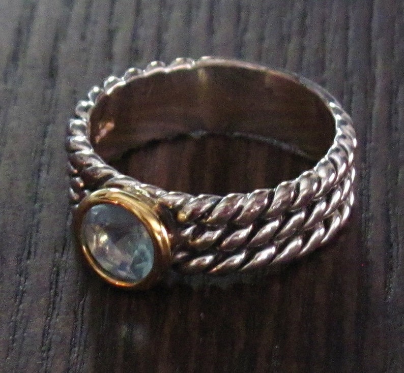 Only One Size Left Center Blue CZ Faceted Round Stone and Gold Vermeil Setting Sterling Silver 925 Stackable Ring Twisted Wire Band