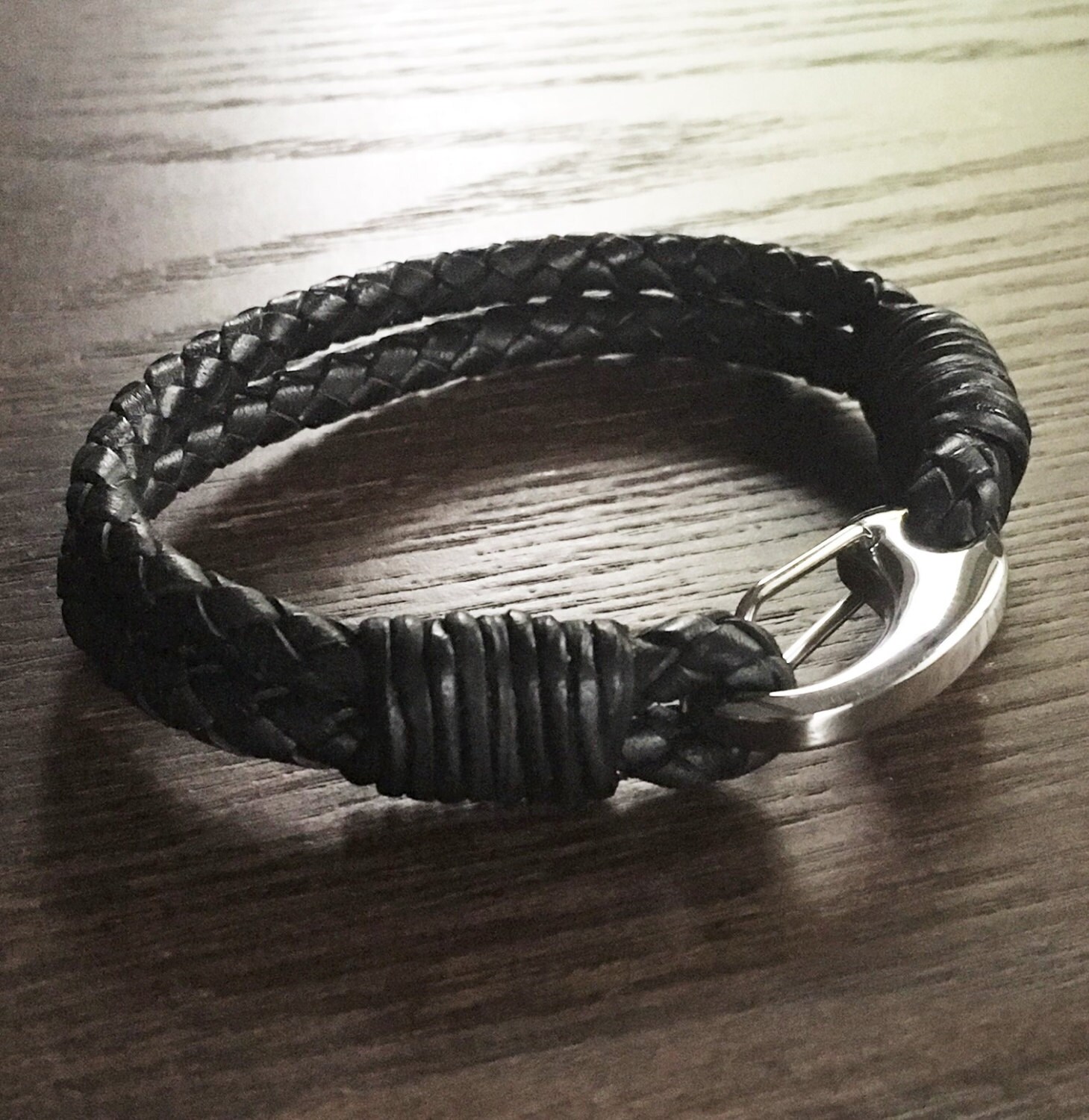 Black Braided Leather Bracelet With Carabiner Style Clip in Stainless