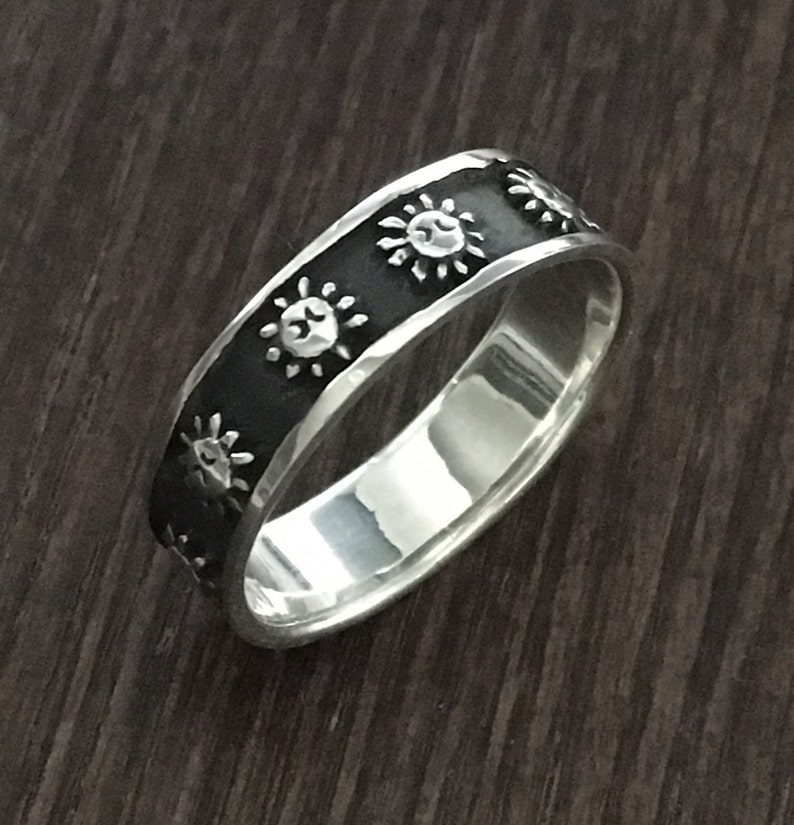 Simple Sterling Silver .925 Band Ring With Stamped Sun Design Etsy