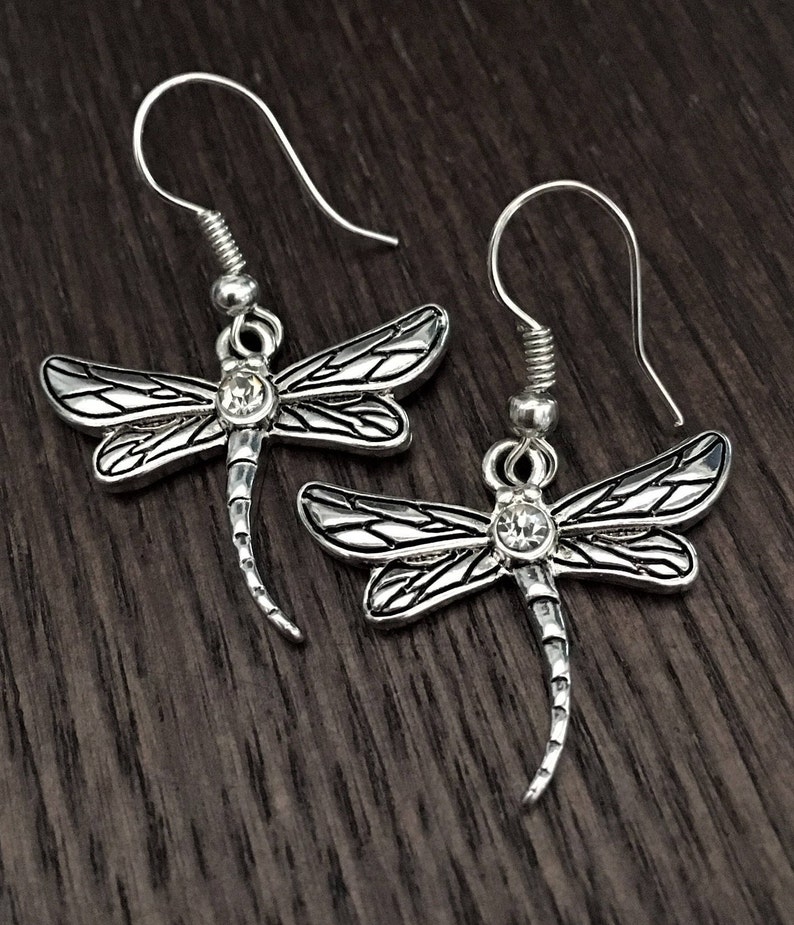 Cute Little Silver Tone Dragonfly Drop Earrings Clear Etsy