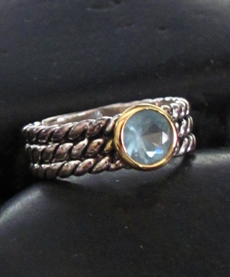 Only One Size Left Center Blue CZ Faceted Round Stone and Gold Vermeil Setting Sterling Silver 925 Stackable Ring Twisted Wire Band