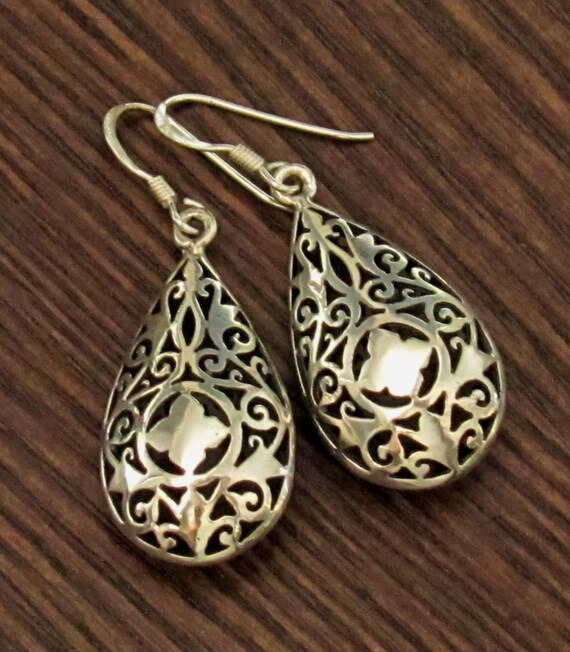 Ornate Sterling Silver Bohemian Moroccan Design Drop Earrings