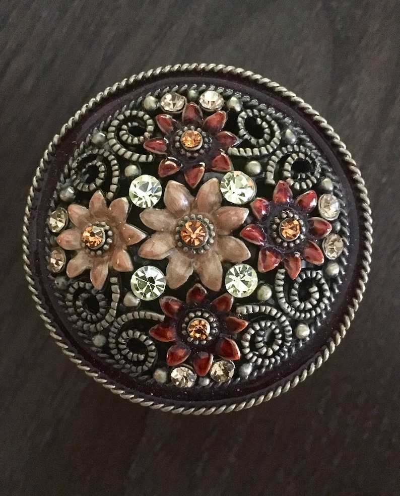 Ornate /& Crystal Embellished Metal Jewlery Trinket Box Painted Floral Accents Braided Accents and Trim Rich Colors