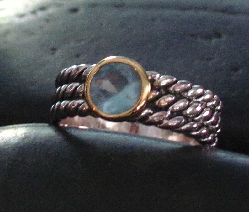 Only One Size Left Center Blue CZ Faceted Round Stone and Gold Vermeil Setting Sterling Silver 925 Stackable Ring Twisted Wire Band