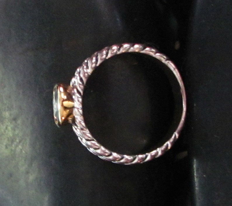 Only One Size Left Center Blue CZ Faceted Round Stone and Gold Vermeil Setting Sterling Silver 925 Stackable Ring Twisted Wire Band