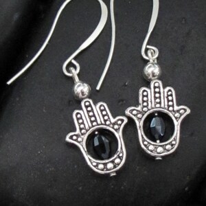 Beaded Hamsa Drop Earrings in Pewter and Silver Long Hook Earrings