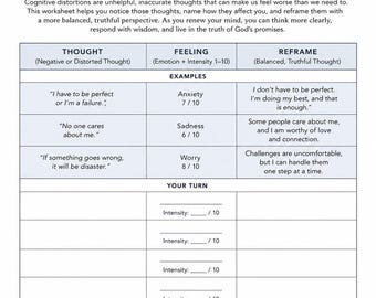 Christian Cognitive Reframe Worksheet | CBT Thought Record Printable | Renew Your Mind Faith Based Therapy Tool | Digital Download
