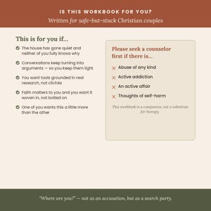 May include: A beige informational graphic with dark red and dark green borders. It features text titled Is This Workbook For You? listing criteria for Christian couples, alongside a box listing conditions requiring professional counseling.