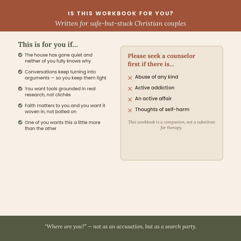 May include: A beige informational graphic with dark red and dark green borders. It features text titled Is This Workbook For You? listing criteria for Christian couples, alongside a box listing conditions requiring professional counseling.
