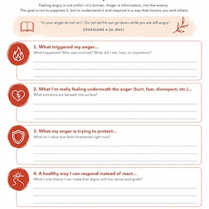 May include: An Anger Release Worksheet with a white background and red text. It features four numbered sections with icons: a flame, a broken heart, a shield, and a sunrise. The document includes prompts for reflection and the Bible verse Ephesians 4:26.