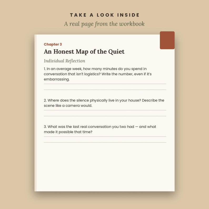 May include: A workbook page titled Chapter 3 An Honest Map of the Quiet with the subtitle Individual Reflection. The page contains three numbered questions about conversation and silence, each followed by blank lines for writing responses.