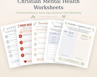 Christian Therapy Worksheet Bundle | 5 Faith Based Printable Worksheets | Anxiety, Anger, Boundaries, Gratitude & Trigger Journal