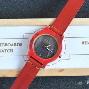 Recycled Skateboard Watch: Handmade Red & Black Wood Wristwatch