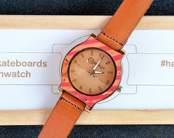 Perfect gift Recycled skateboard watch, cream orange red, wrist watch, man style, wood watch, for him, for her