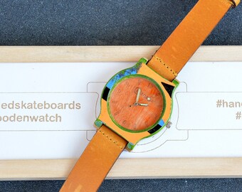 Perfect gift Recycled skateboard watch, orange color, wrist watch, man style, wood watch, for him, for her