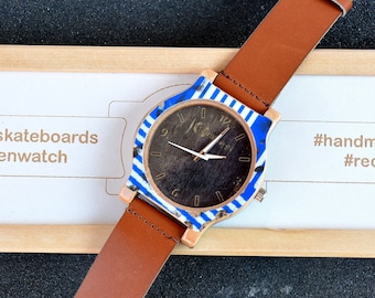 Recycled skateboard watch, brown black blue, wrist watch, man style, wood watch, for him, for her