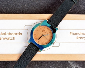 Perfect gift Recycled skateboard watch, turquoise blue color, wrist watch, man style, wood watch, for him, for her